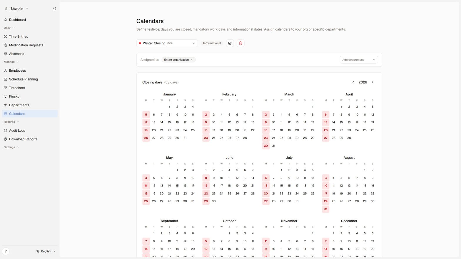 Shukkin calendars: a year of public holidays and closing days, assigned to the whole company or one department