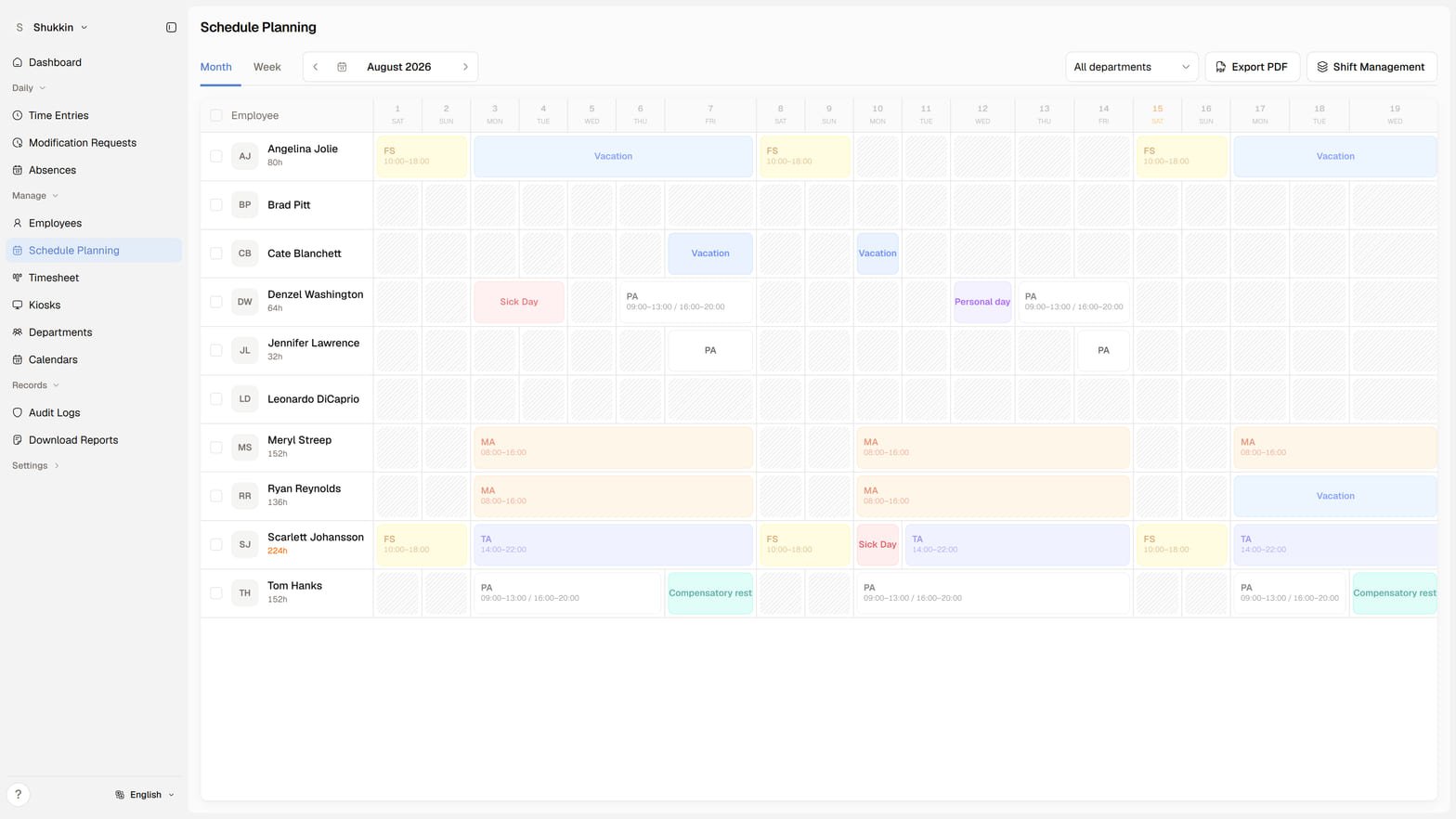 Shukkin schedule planner: a month of shifts and absences laid out per employee